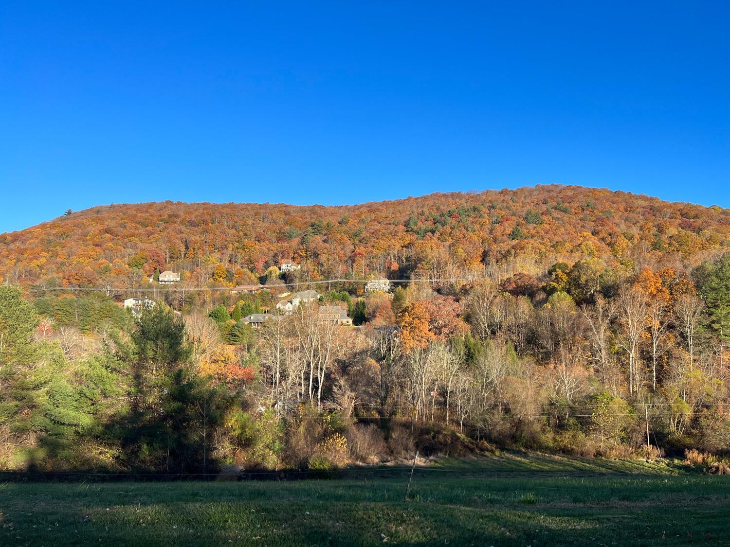 Autumn colors on a mountainside with homes in Western North Carolina